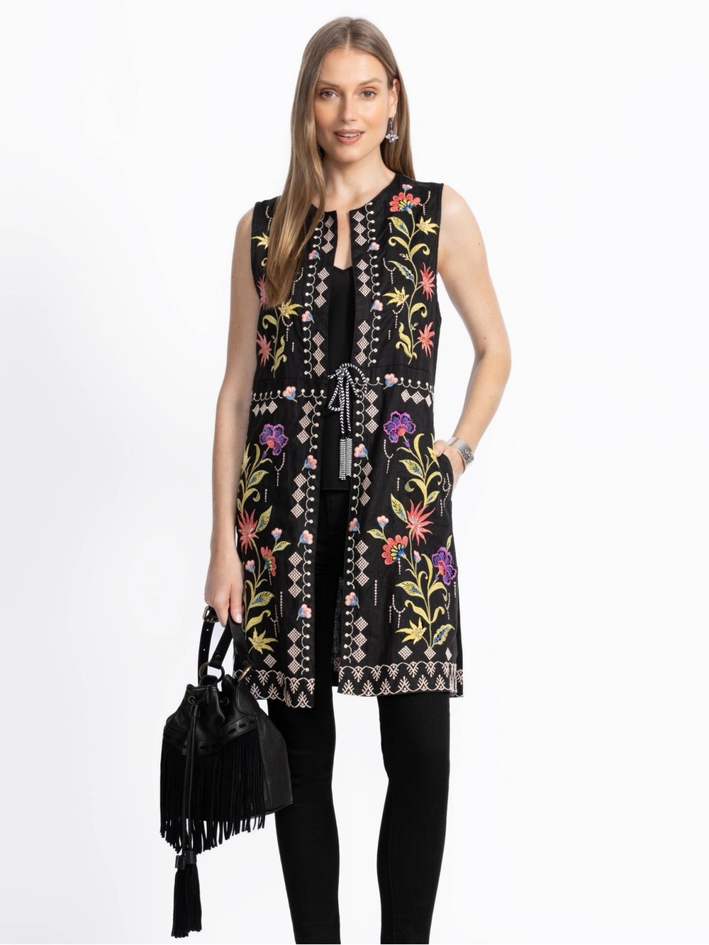 Johnny Was Black Sleeveless Embroidered Floral Tie-Front Vest